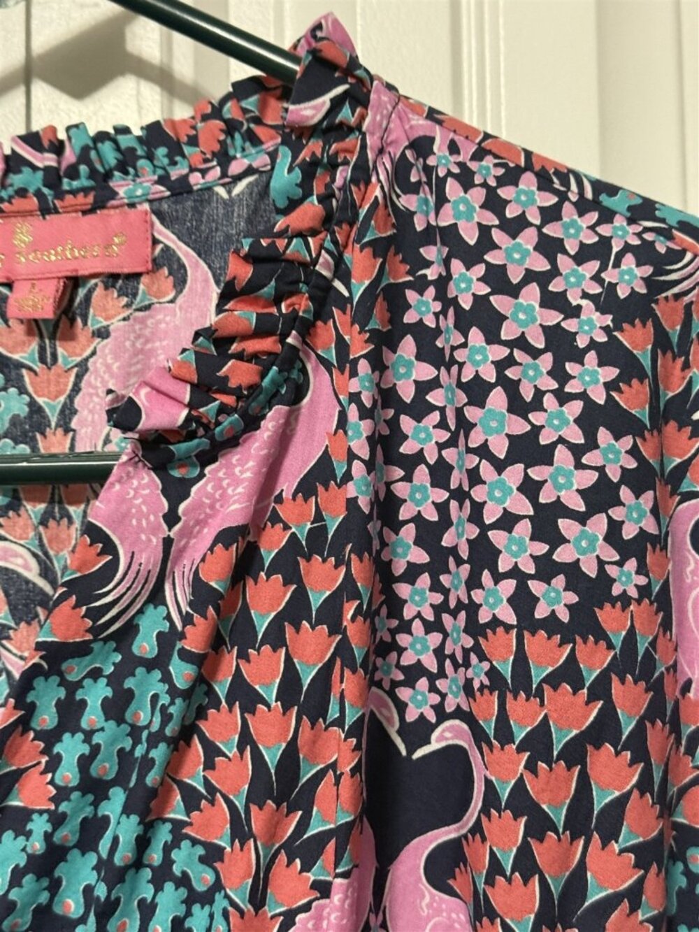 Simply Southern Blouse Pink Flamingo Ruffle Ric Rac Womens Large Flowy Tropical - Picture 6 of 10